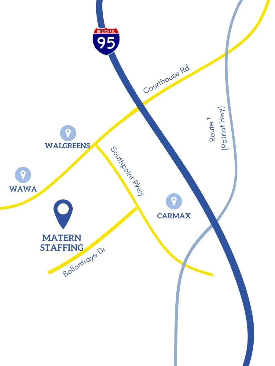 Location of Matern Staffing agency in Fredericksburg VA showing landmarks
