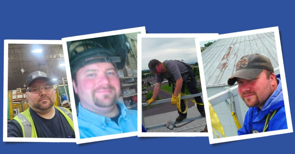 montage of photos of matthew doing different things while at work