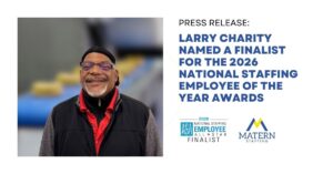 photo of Larry Charity being announced a finalist for national staffing employee of the year