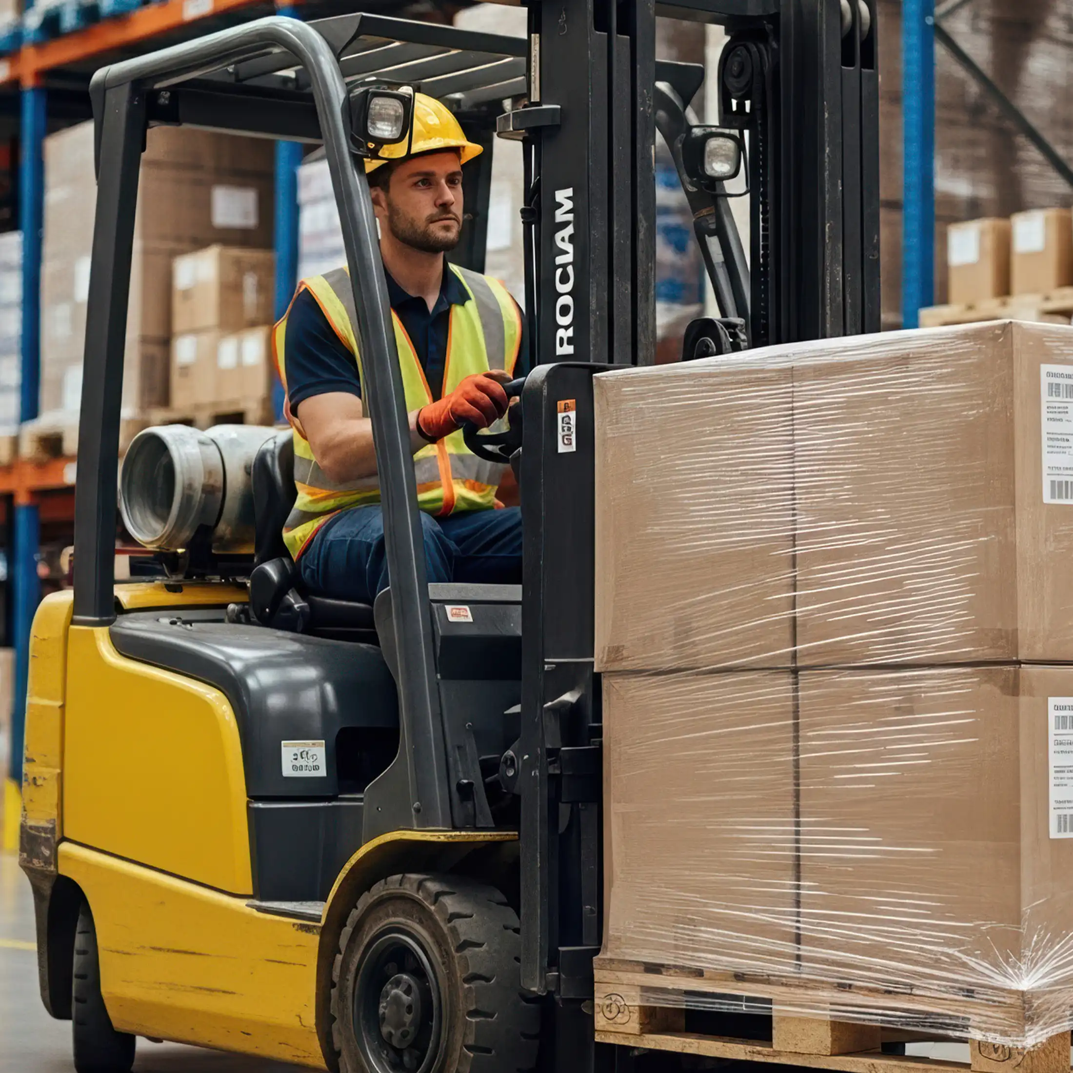 Operating forklift inside warehouse