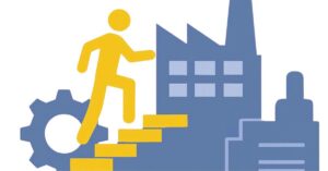 worker walking up a stairway of career growth with an image of a factory in the background.