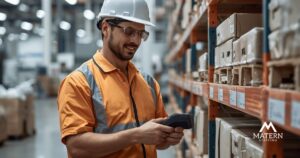 inventory control associate looking at scanner to determine inventory needs