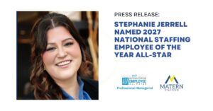 graphic announcing stephanie as the 2027 national staffing employee of the year all star